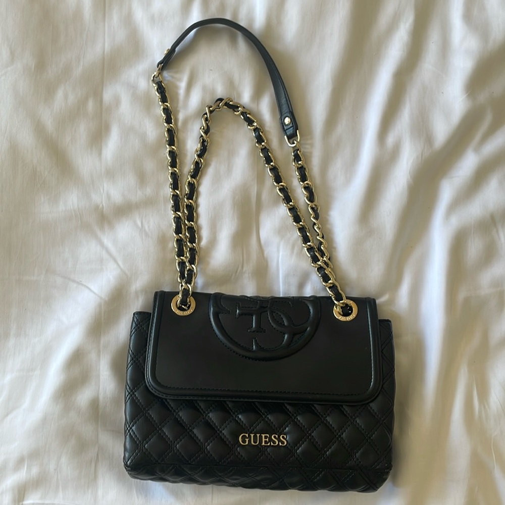 GUESS Women’s Black and Gold Convertible Crossbody